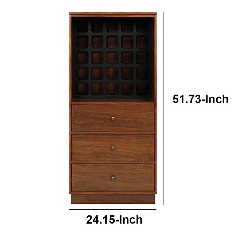 Wooden Wine Cabinet with Wine Bottle Rack and Three Drawers， Brown and Black