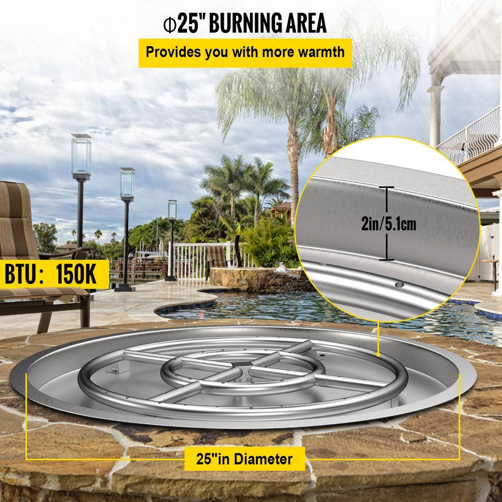 VEVOR Round Fire Pit Burner 25 in. Drop in Fire Pit Pan 150 K BTU Stainless Steel Gas Fire Pan for Keeping Warm with Family YXSKHPQRS25INEEPIV0