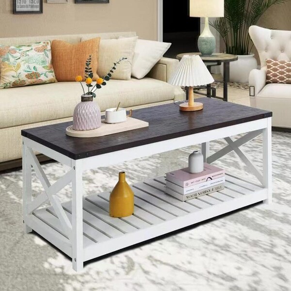 Sophia Farmhouse Coffee Table with Slatted Shelf and Corner Protection， 40 Inch， Vintage White/Espresso - as picture