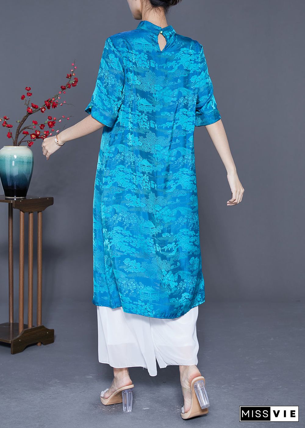 Boho Blue Mandarin Collar Print Tassel Silk Robe Dresses Summer