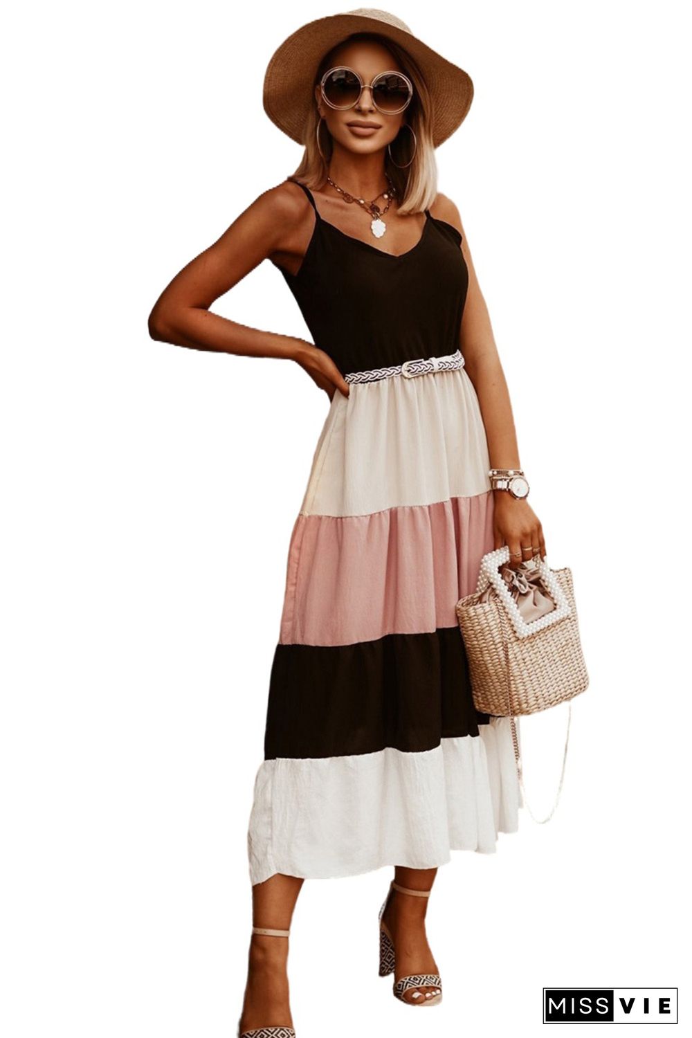 Black Color Block Sleeveless V Neck Long Dress