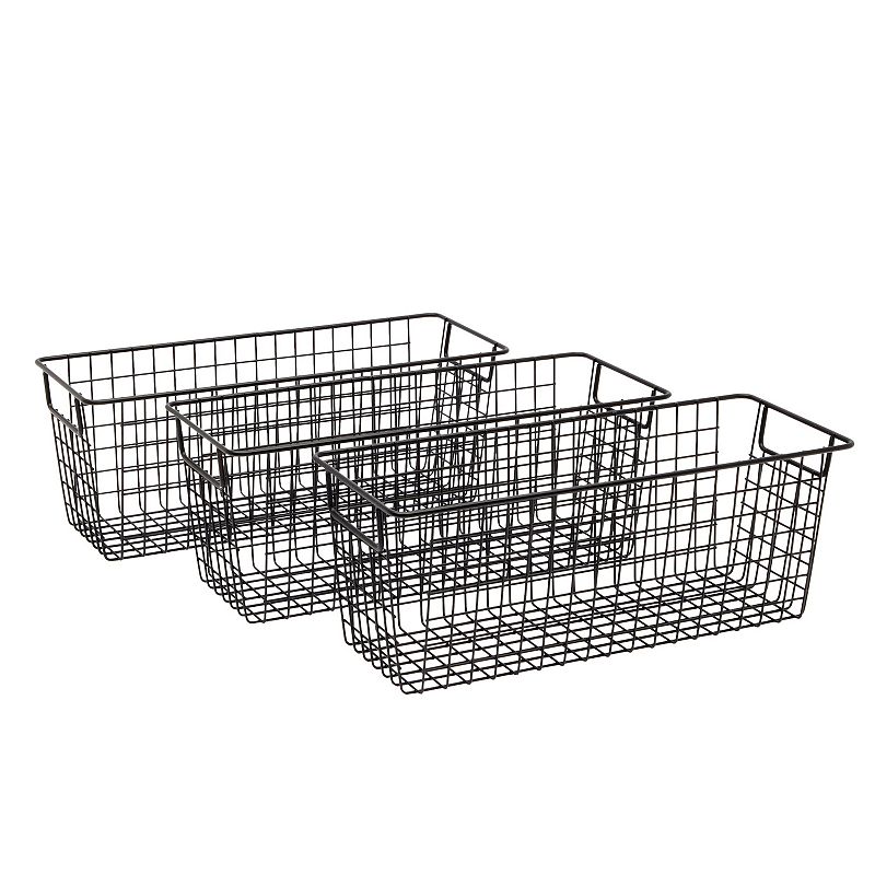 3 Pack Metal Wire Storage Baskets for Shelves， Pantry， Closet， Long Narrow Organizer Bin (Black， 16 x 6 x 6 In)