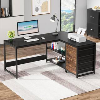 BYBLIGHT Lanita 59 in. L Shaped Black Particle Board 4 Drawer Computer Desk Reversible Corner Office Desk Sturdy Writing Table BB-XK00174XF