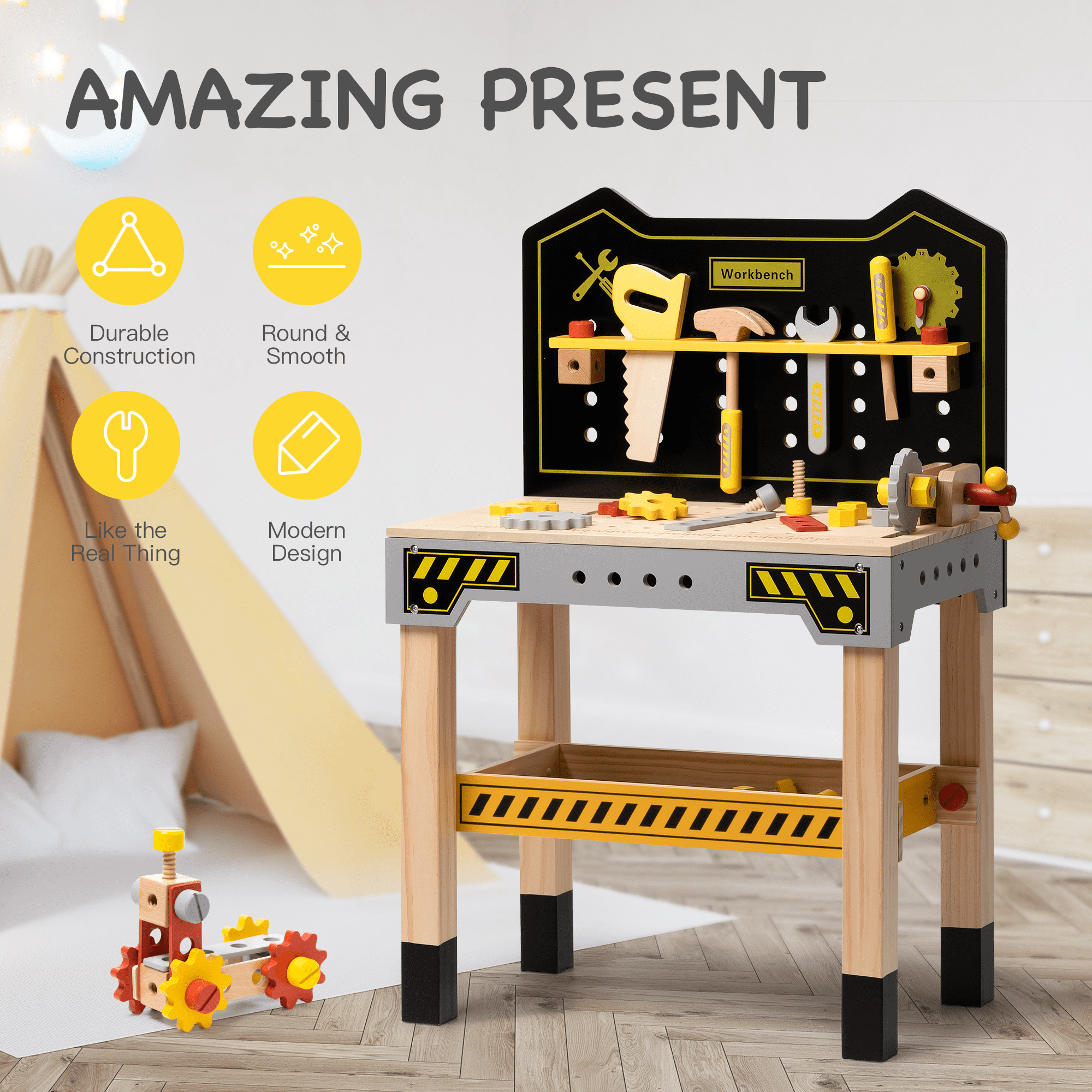 Gardenry Classic Wooden Workbench for Kids， Great Gift for Children for Christmas，Party，Birthday