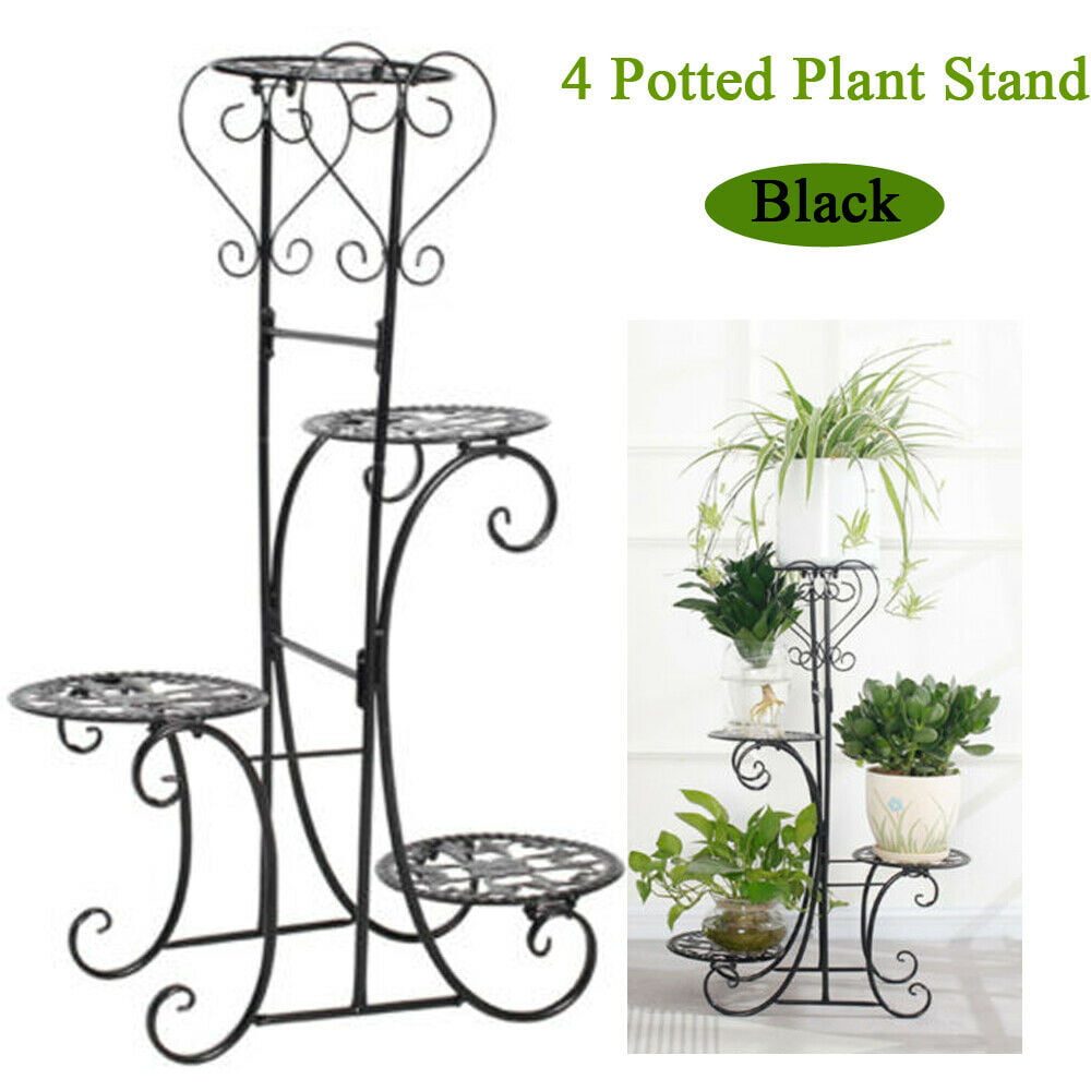 ANQIDI 4 Tier Round Tray Plant Stand Metal Flower Pot Display Holder Balcony Floor-standing Multilayer Shelf Rack Black