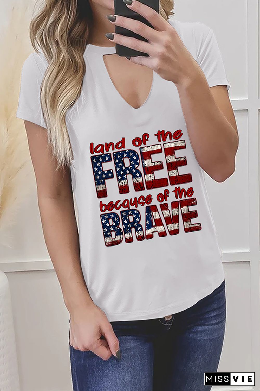 Land of the free because of the brave Graphic Tees for Women Wholesale Short Sleeve T shirts Top