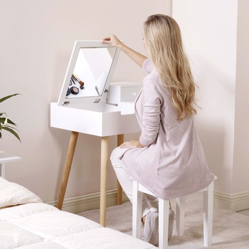 White Dressing Vanity Table with Flip Top Mirror and 2 Drawers