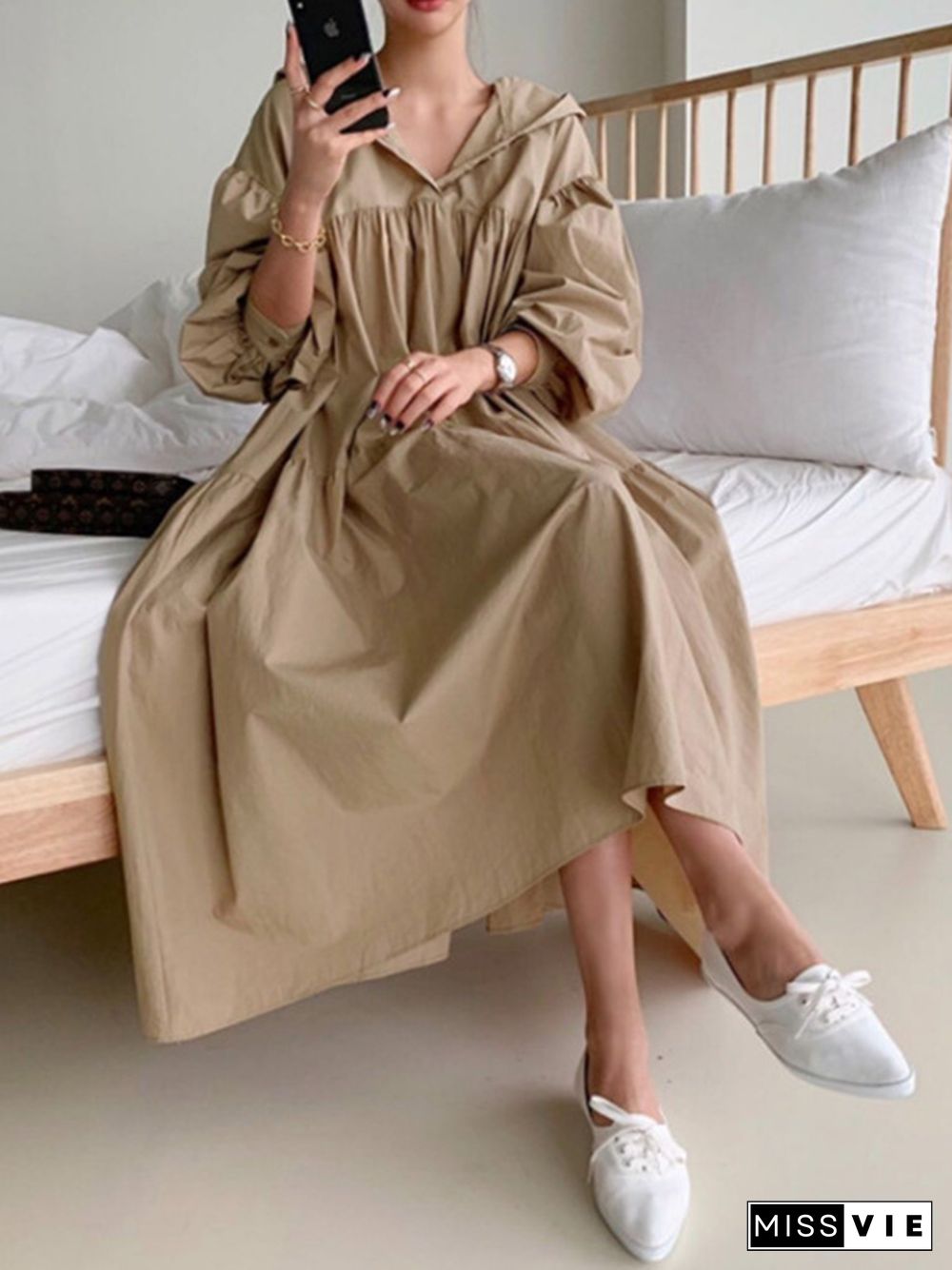 Urban Solid Color Pleated Long Sleeves Hooded Midi Dress