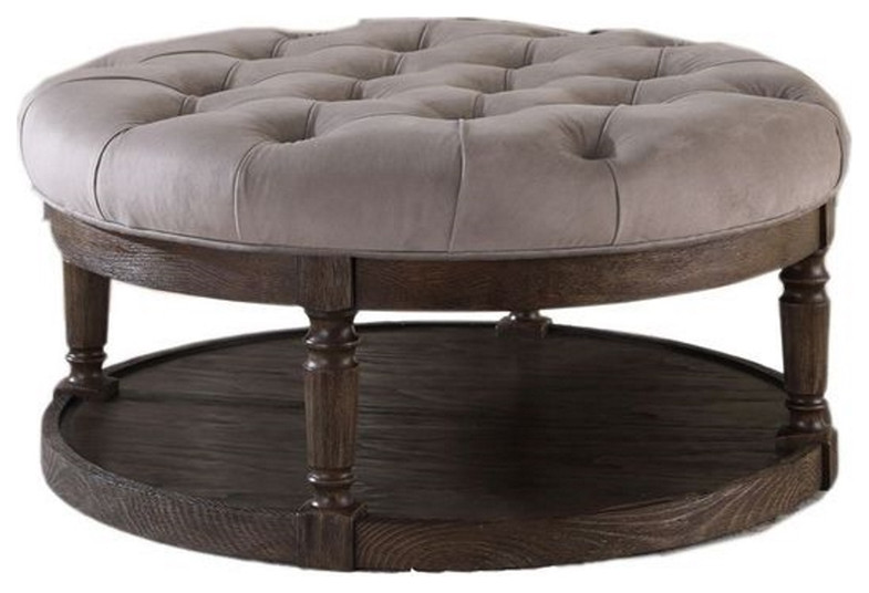 Best Master Linen Fabric Upholstered Round Ottoman in Otter/Smoked Rustic Gray   Traditional   Footstools And Ottomans   by Homesquare  Houzz