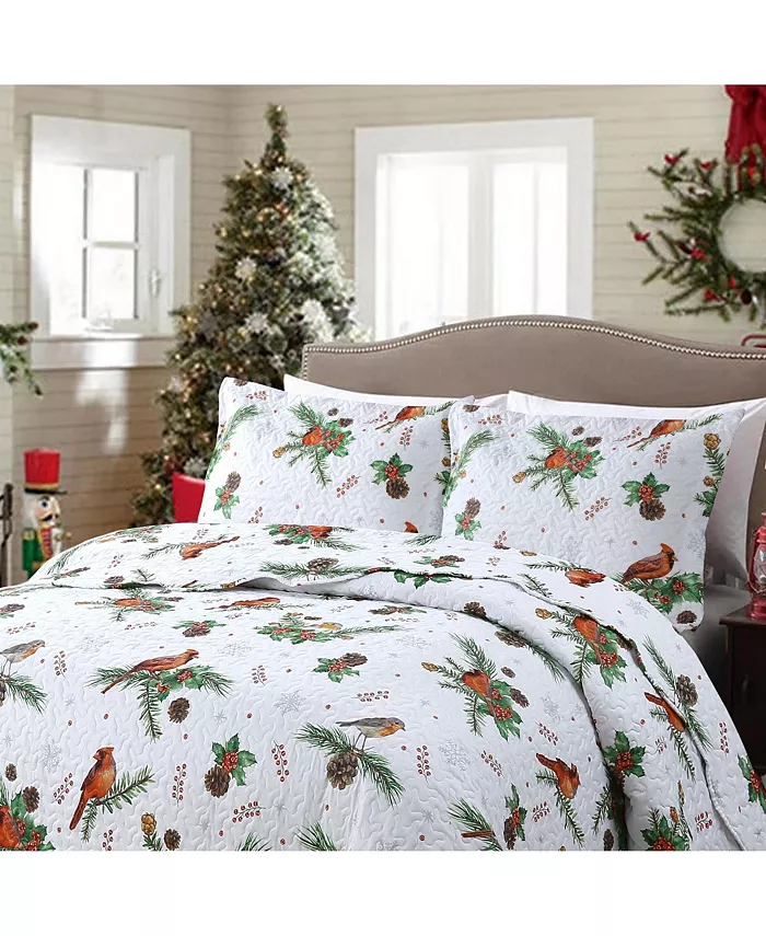 MarCielo 3 Pcs Winter Cardinals Christmas Quilt Bedspread Set C79 - Queen