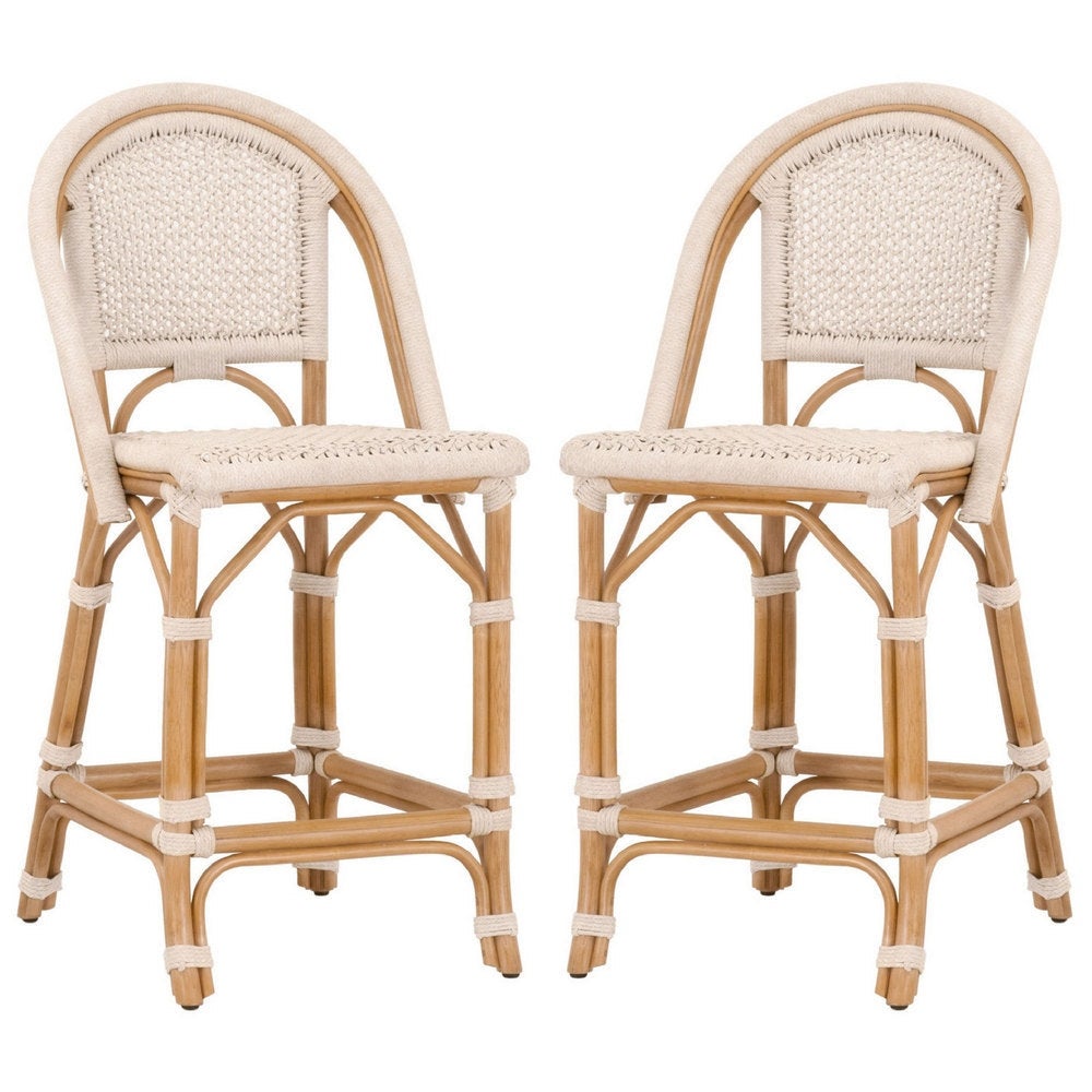 Counter Stool with Woven Seat and Curved Back， Set of 2 - Off-white - 43