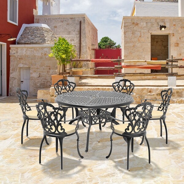 5/7Piece Cast Aluminum Outdoor Dining Set with 48.03 in. Round Table and Random Color Cushions