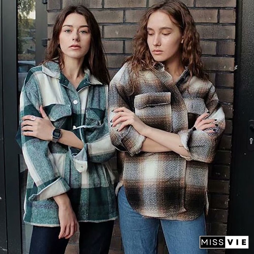 Winter Green Plaid Jacket Coat Women Streetwear Long Leeve Thick Wool Coat Fashion Pocket Oversized Lapel Autumn Shirts Coats