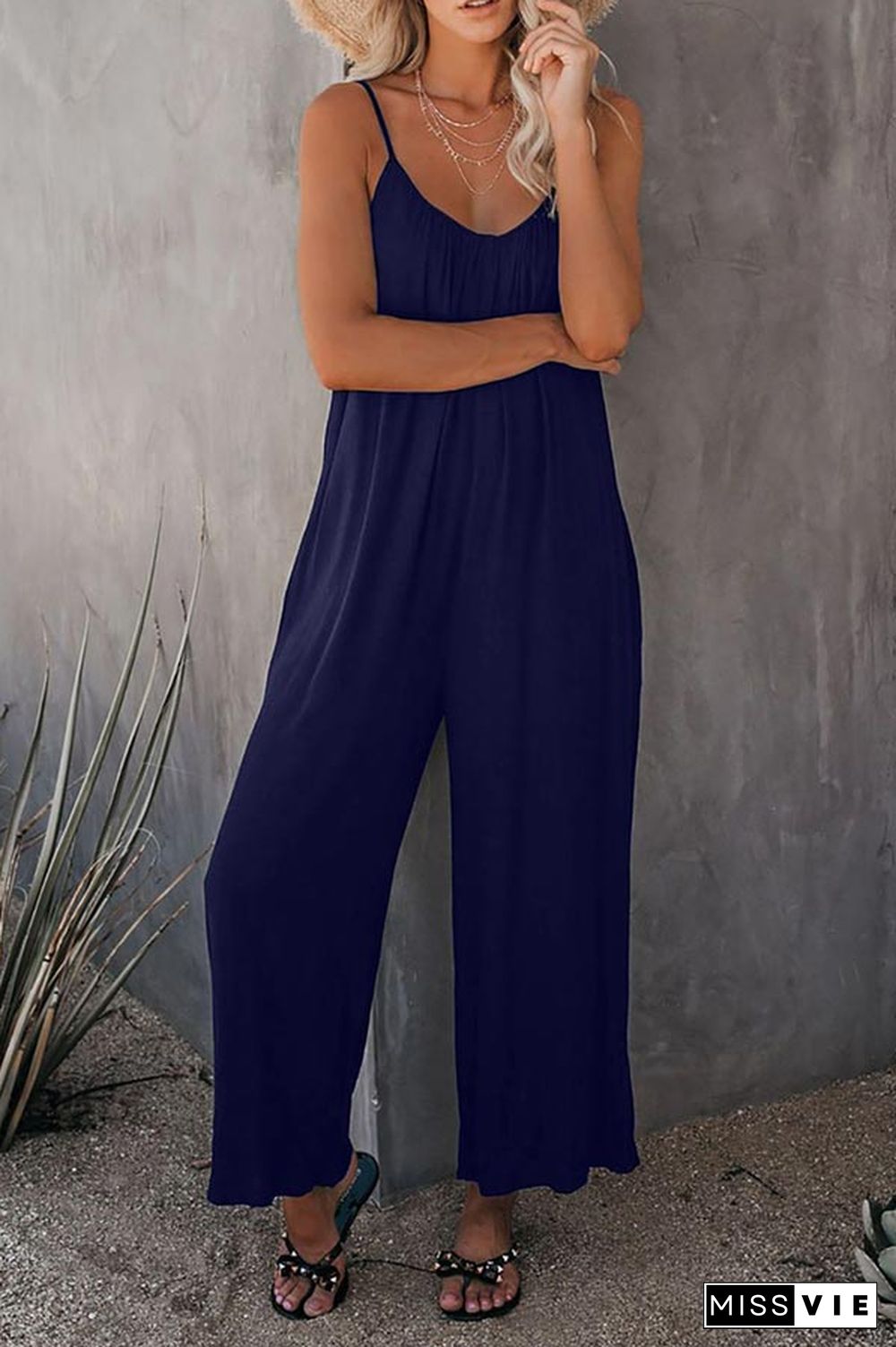 Casual Sling Solid Color Pocket Jumpsuit