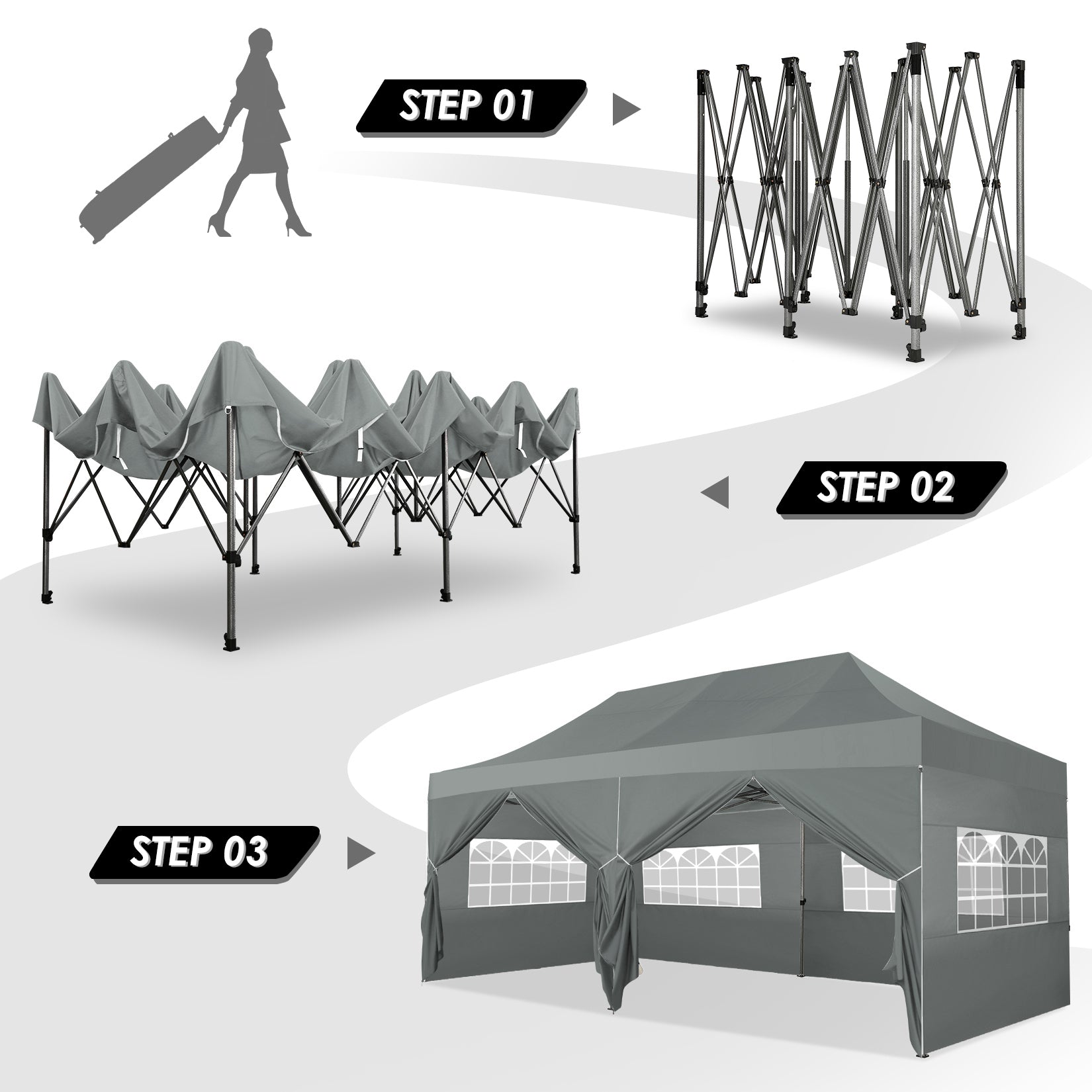 10'x20' Pop Up Canopy Waterproof Folding Tent Outdoor Easy Set-up Instant Tent Heavy Duty Commercial Wedding Party Shelter with 6 Removable Sidewalls, 6 Sandbags, Roller Bag, Gray