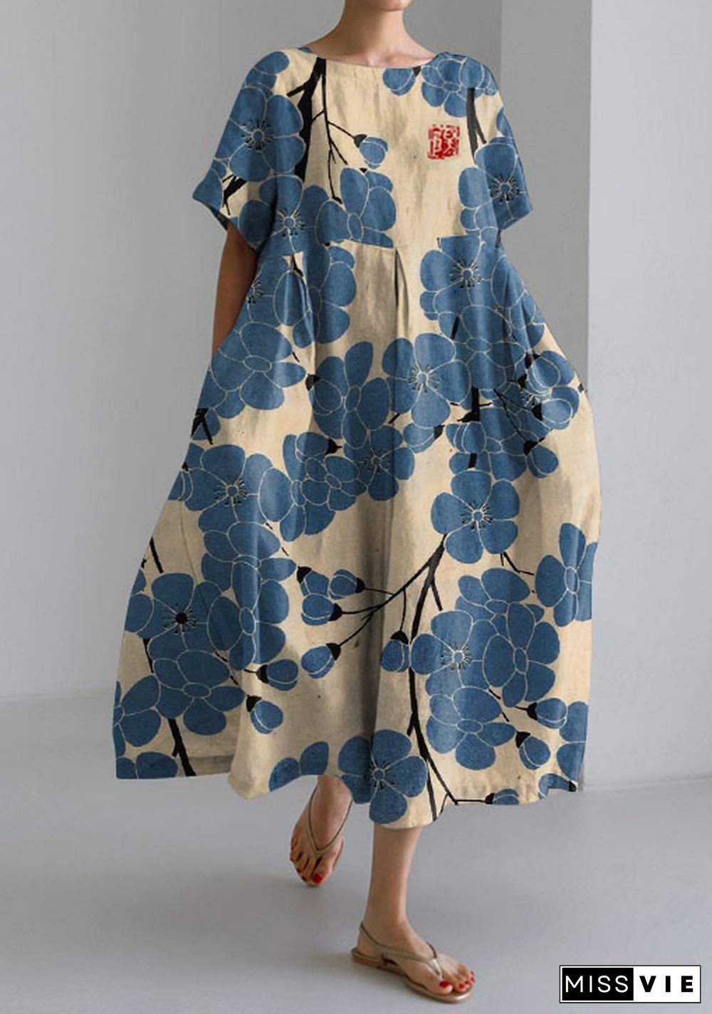 Elegant Plum Blossom Japanese Art Short Sleeve Midi Dress