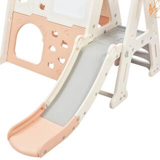 7-In-1 Light Pink HDPE Playset with Tunnel Climber Whiteboard Toy Building Block Baseplates Basketball Hoop LN20232362