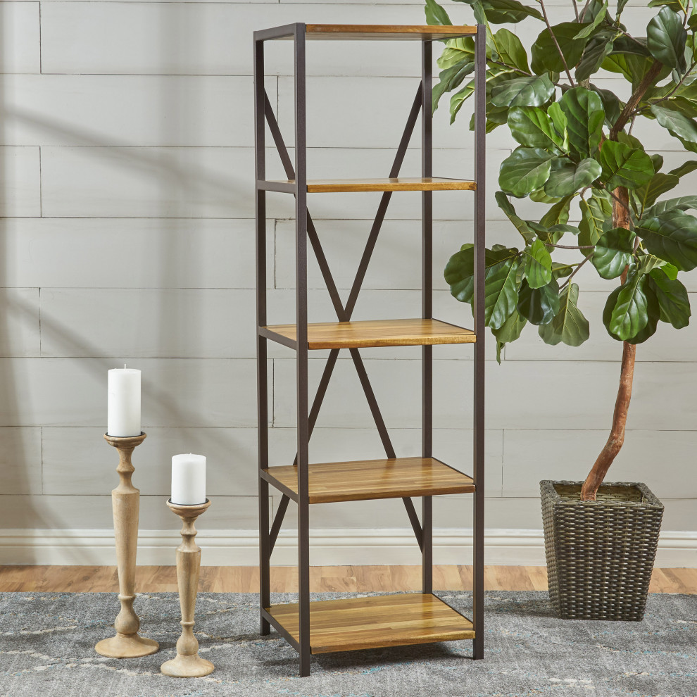 Relee Modern Industrial 4 Shelf Acacia Wood Slim Bookcase   Industrial   Bookcases   by GDFStudio  Houzz