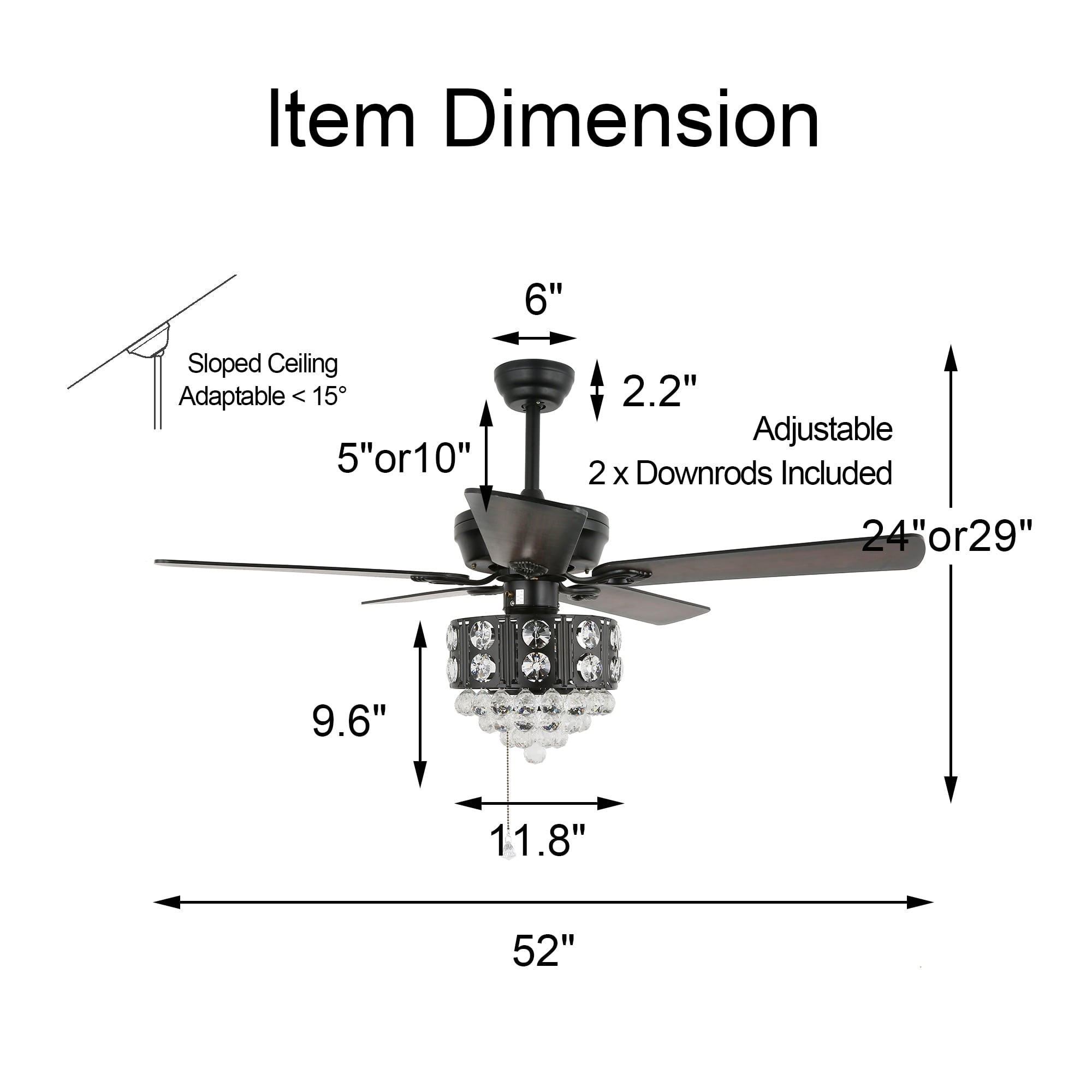 Oaks Aura 52 Inch 5-Blade Crystal Reversible Ceiling Fan with Pull Chain and Remote Control 3-Speed