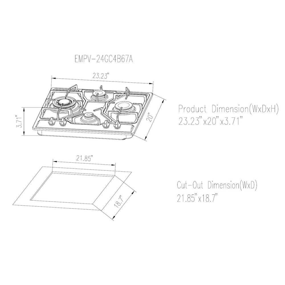 Empava Builtin 24 in Gas Cooktop  4 Sealed Burners Cook Tops in Stainless Steel