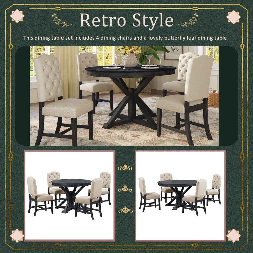 Retro Style Dining Table Set with Extendable Table and 4 Upholstered Chairs