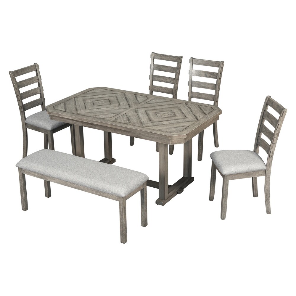 6 Piece Rubber Wood Dining Table Set with Beautiful Wood Grain Pattern Tabletop Solid Wood Veneer and Soft Cushion