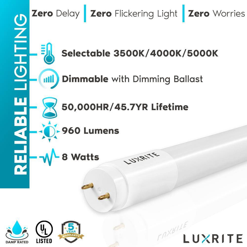 LUXRITE 8-Watt 2 ft. Linear T8 LED Tube Light Bulb 3 Color Selectable Single and Double End Powered 960 Lumens F17T8 (30-Pack) LR34231-30PK