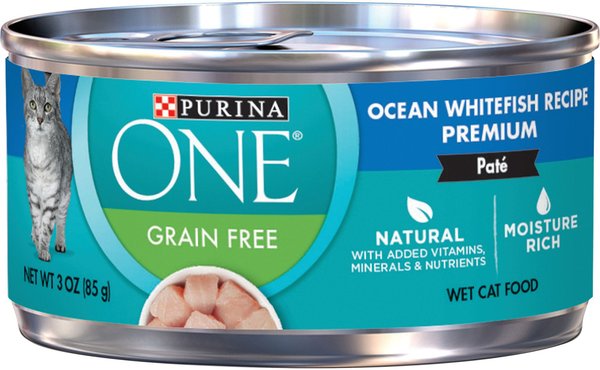 Purina ONE Ocean Whitefish Recipe Pate Grain-Free Natural High Protein Canned Cat Food， 3-oz， case of 24