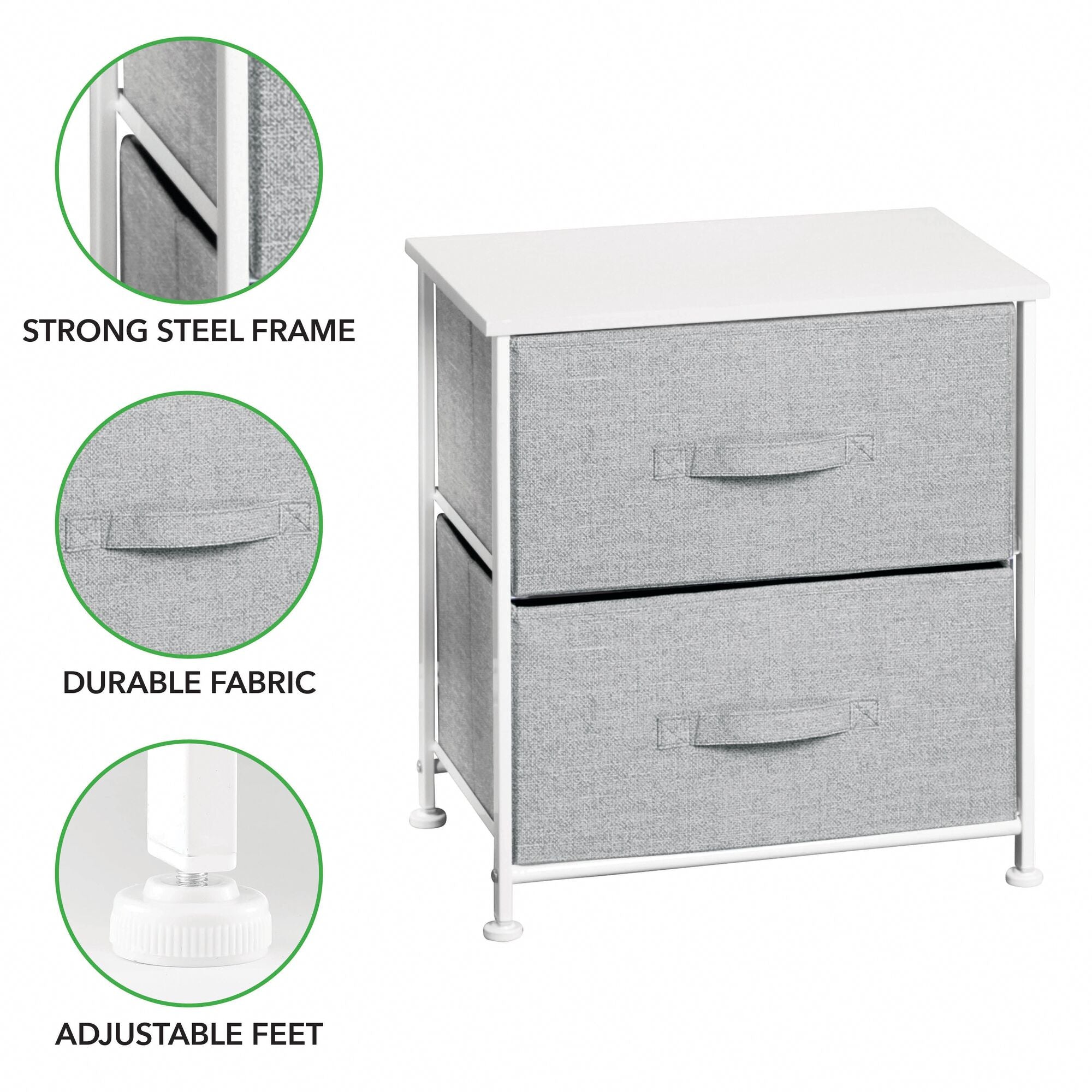 mDesign Small Storage Dresser End/Side Table Night Stand with 2 Removable Fabric Drawers - Organizer for Bedroom, Living Room, Closet - Hold Clothes, Linens, Accessories, Lido Collection, Gray/White