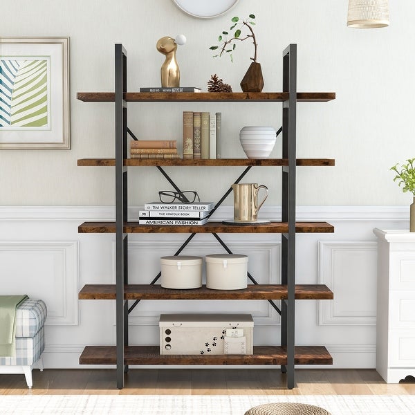 5-tier Bookcase with Wood and Metal Frame， Large Open Bookshelf for