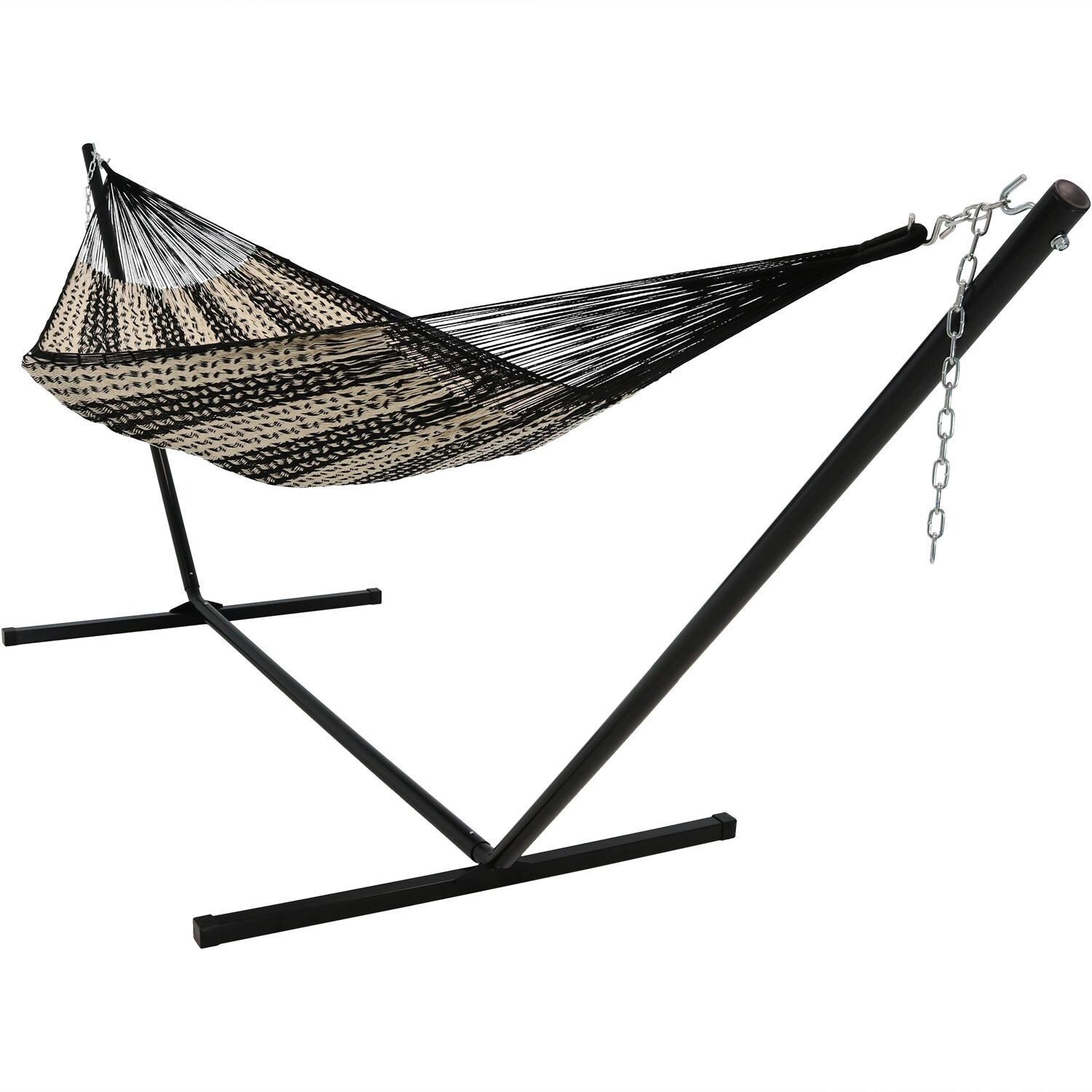 Ultimate Patio XXL Thick Cord Handwoven Family-Sized Mayan Hammock w/ 15-Foot Black Stand