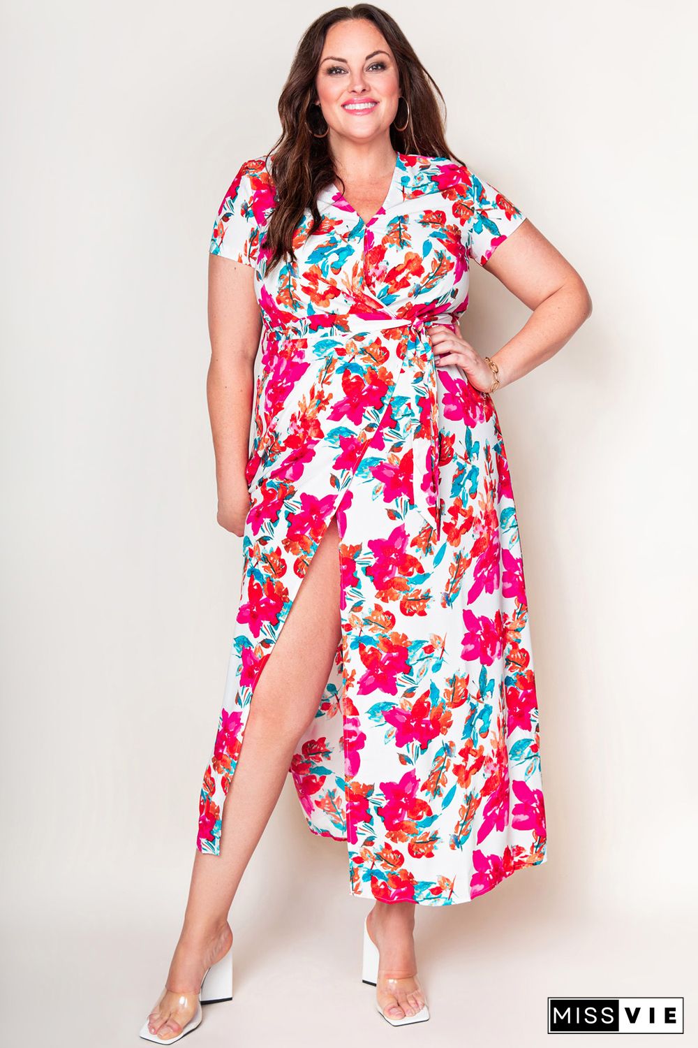 Rose Plus Size Floral Print Wrap Slit Dress