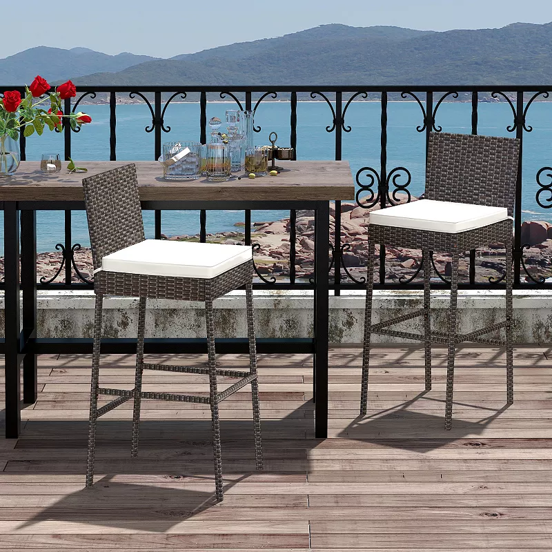 Patio Cushioned Wicker Barstools with Cozy Footrest