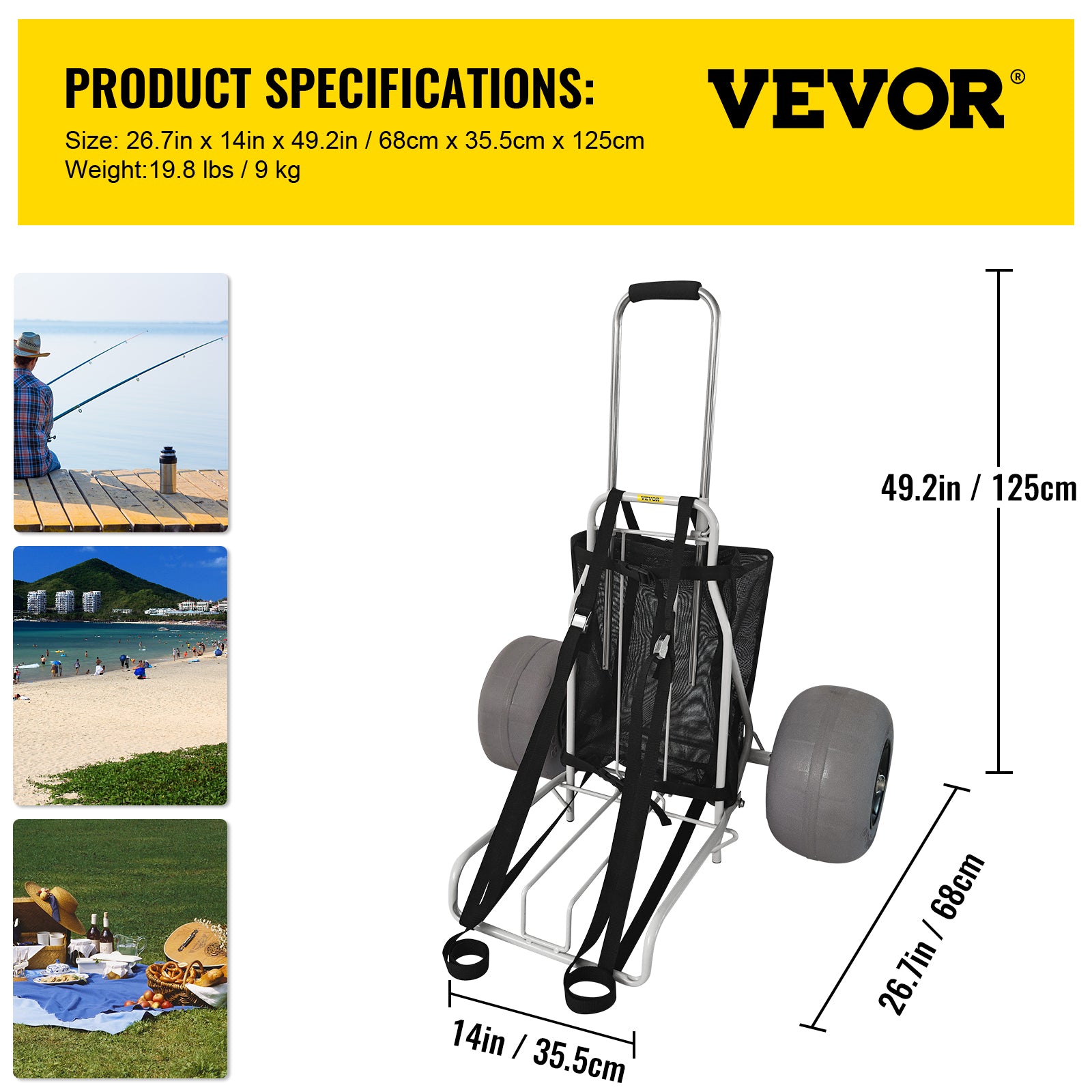 VEVOR Beach Carts&nbsp;for the Sand, w/ 12" TPU Balloon Wheels, 165Lbs Loading Capacity Folding Sand Cart & 29.5'' to 49.2'' Adjustable Height, Heavy Duty Cart for Picnic, Fishing, Beach