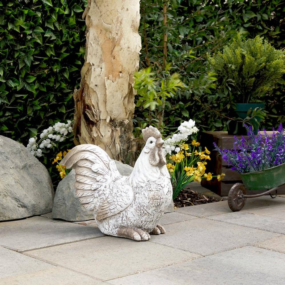 Alpine Corporation 14 in. H Indoor/Outdoor Sitting Rooster Decorative Garden Statue, White QWR1068