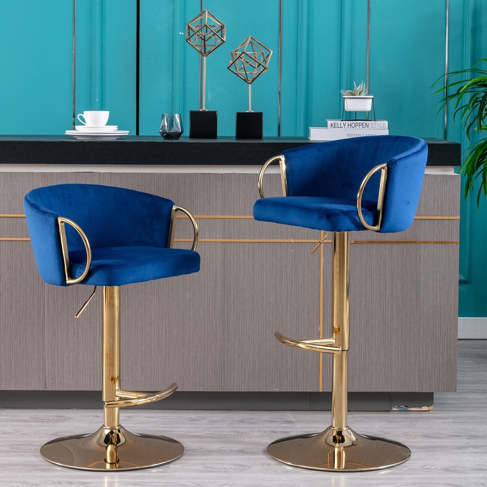 Set of 2 Bar Stools with Chrome Footrest And Base Swivel Height Adjustable Mechanical Lifting Velvet  Golden Leg Bar Stool