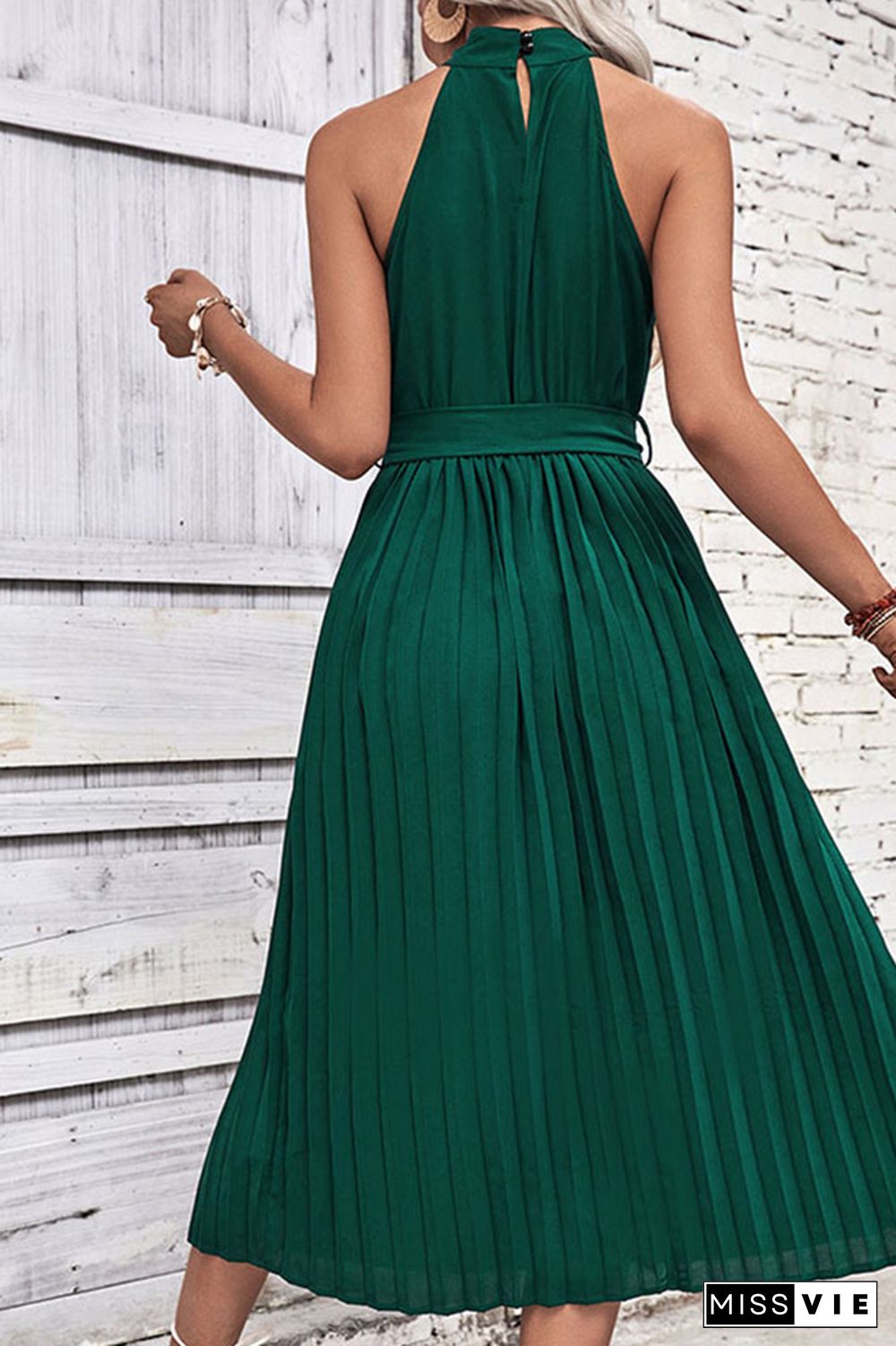 Dark Green Pleated Hlater Sleeveless Midi Dress