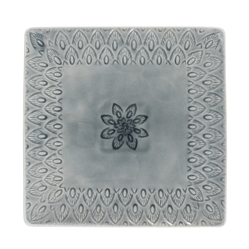 Euro Ceramica Peacock 11.5 Inch Stoneware Square Serving Platter in Grey   11.4 x 11.4 x 1.1