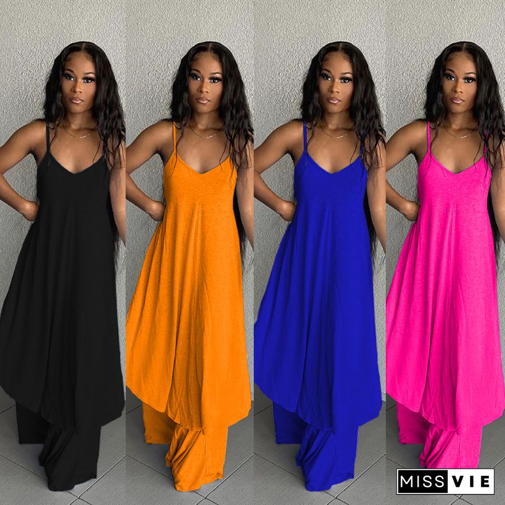 Women Sexy Beachwear V Neck Spaghetti Strap Solid Color Long Top Wide Leg Pants Casual Two Piece Suits