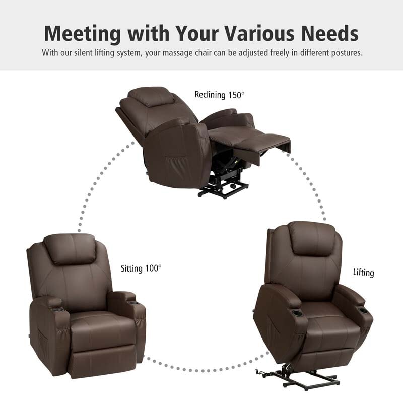 Heated Power Lift Recliner, Elderly Lift Chair, Leather Massage Recliner Sofa with 8 Vibrating Massage Nodes, 3 Side Pockets, 2 Cup Holders