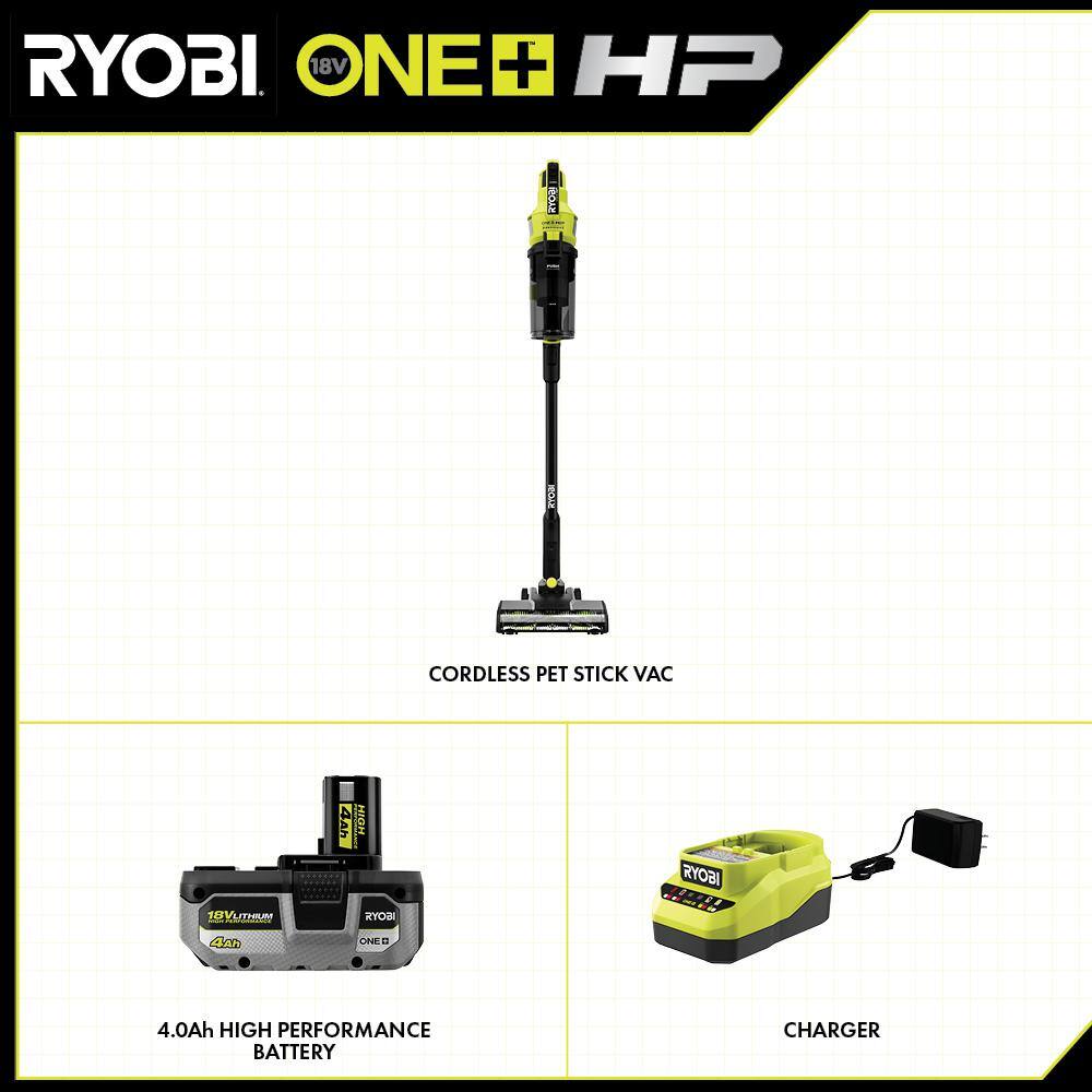 RYOBI ONE+ HP 18V Brushless Cordless Pet Stick Vacuum Cleaner Kit with 4.0 Ah HIGH PERFORMANCE Battery and Charger PBLSV716K