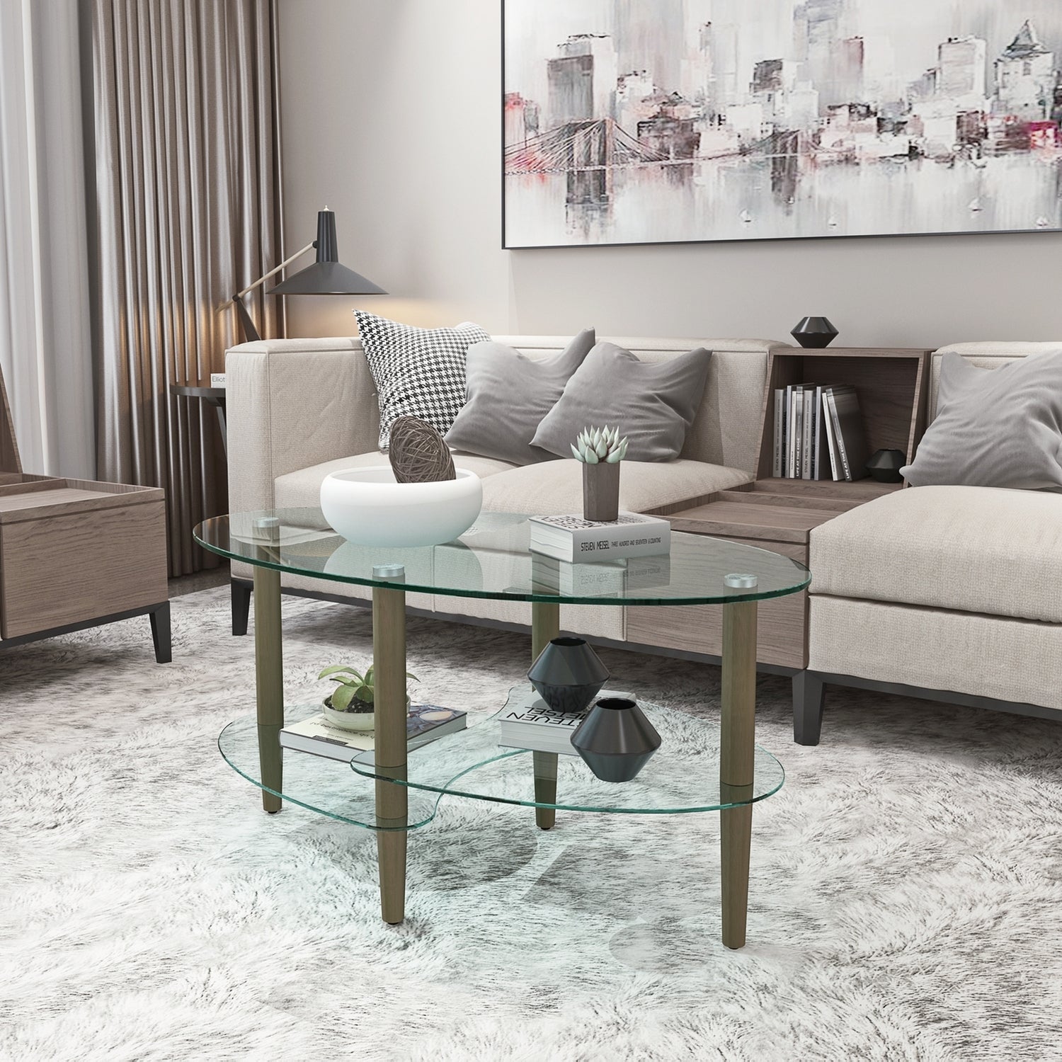 Holaki Transparent Glass Coffee Table, Oval Tea Table 3-Layer Glass Table, Modern Table in Living Room