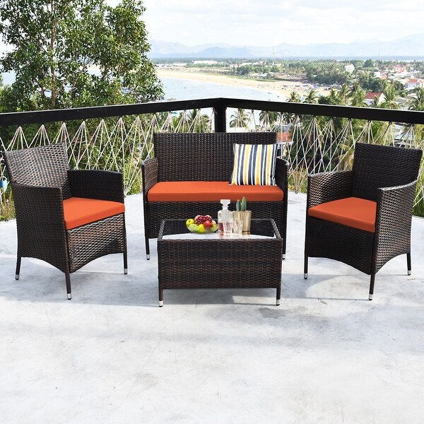 Costway 4PCS Rattan Patio Furniture Set Cushioned Sofa Chair Coffee