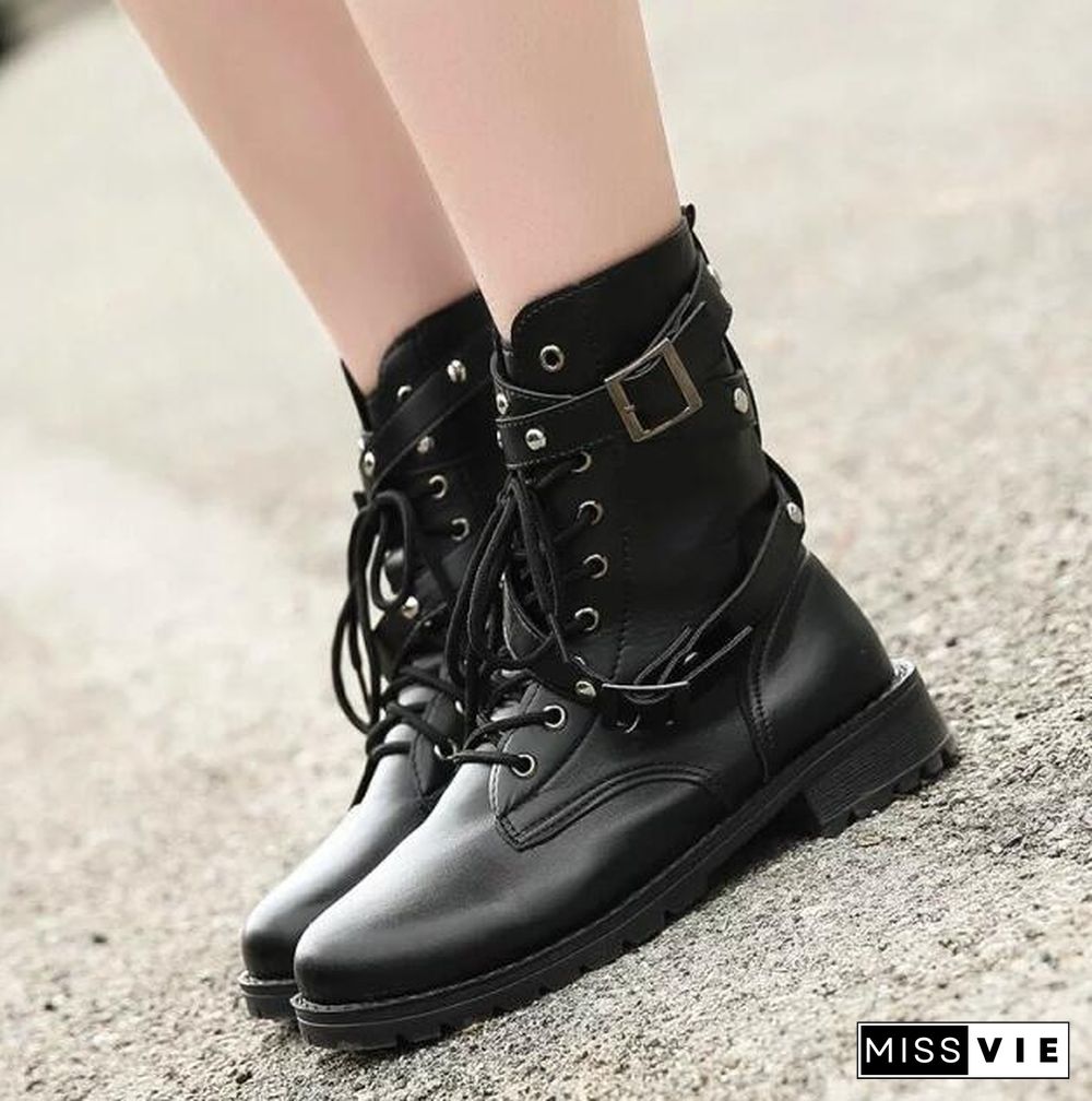 Women Motorcycle Boots Ladies Vintage Combat Boots Army Punk Goth Biker PU Leather Short Boots