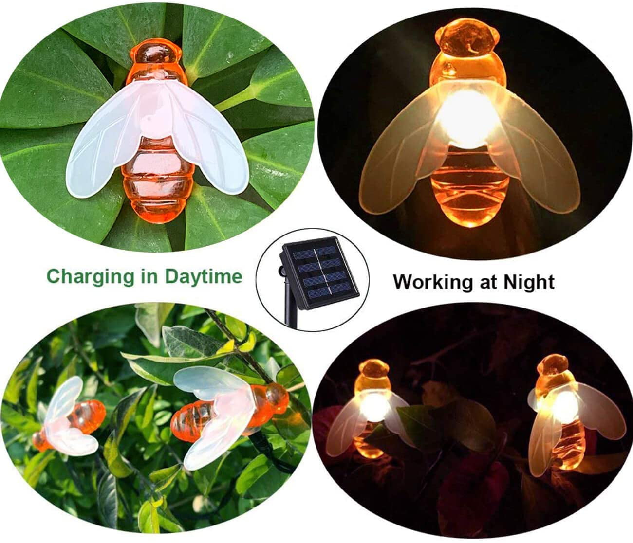 InnOrca Solar String Lights Bees 21Ft 30LED Outdoor Waterproof Simulation Honey Bees Fairy Lights with 8 Modes for Garden Tree Decor, Warm White