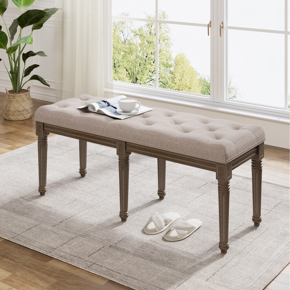 Button Tufted Wood Bench Upholstered Bench for Living Room Piano Shoe Bench   16.9\