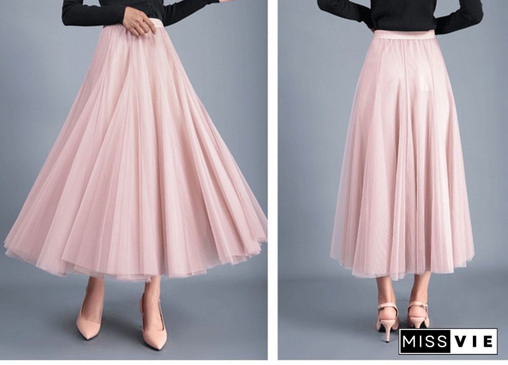 Tulle Skirts Womens Midi Pleated Skirt Black Pink Tulle Skirt Women Spring Summer Korean Elastic High Waist Mesh Tutu Skirt