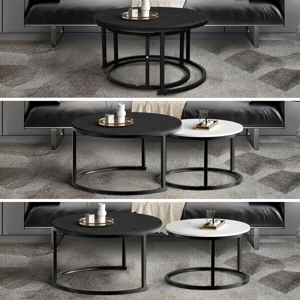 Modern Nesting Round Coffee Table Set of 2 for Living Room Black and White