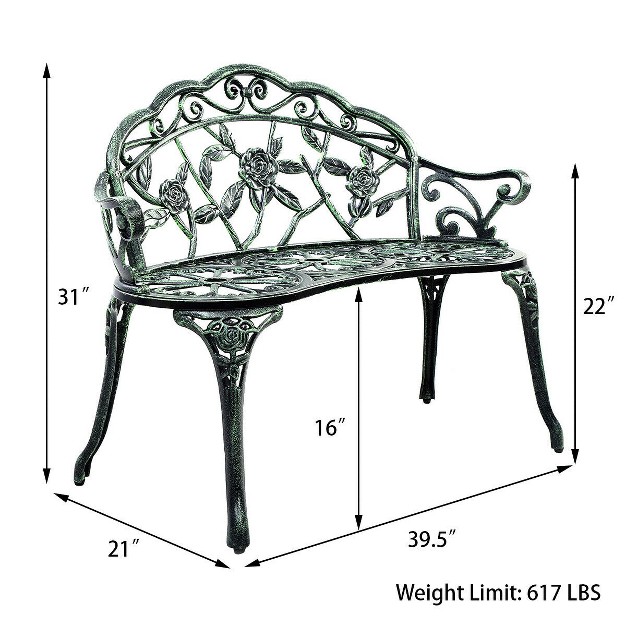 Costway Patio Garden Bench Chair Style Porch Cast Aluminum Outdoor Rose Antique Green