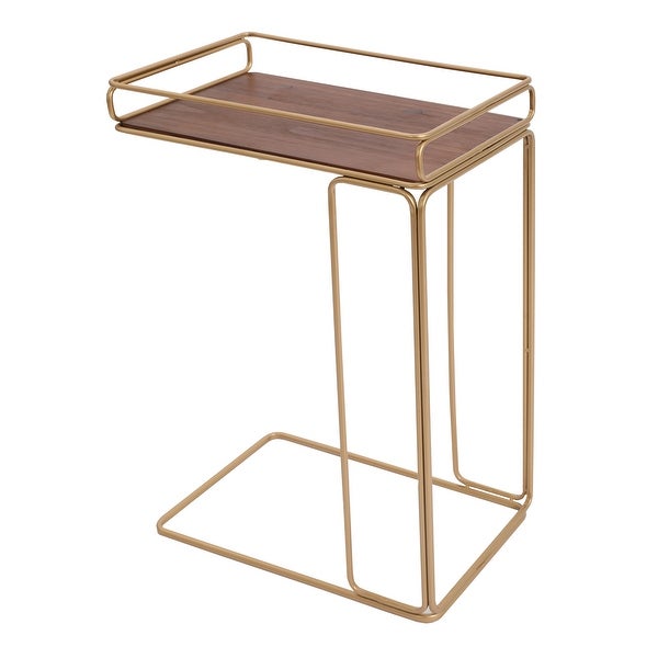 C Shape Minimalist Wood Side Tray Table with Metal Frame